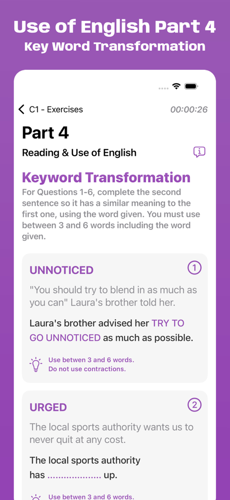 Interfaccia del Simulatore Esame Cambridge C1 per esercizi di trasformazione di parole chiave.