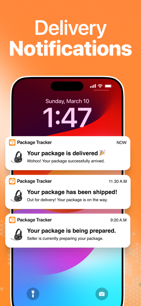 Package Tracker & Track Parcel - Tela de bloqueio do iPhone mostrando notificações push em tempo real para o status de entrega de pacotes.