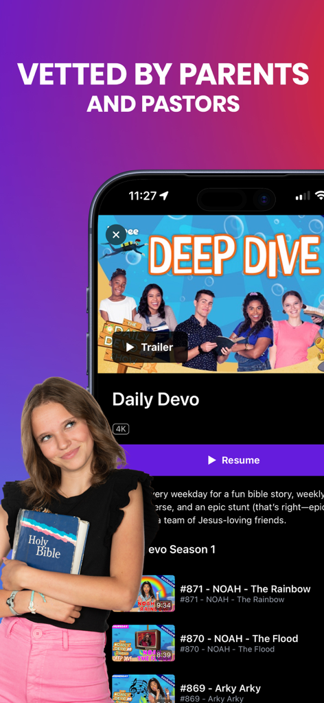 A girl holding a Bible next to a phone screen displaying Yippee TV's Daily Devo show, with the text Vetted by Parents and Pastors.