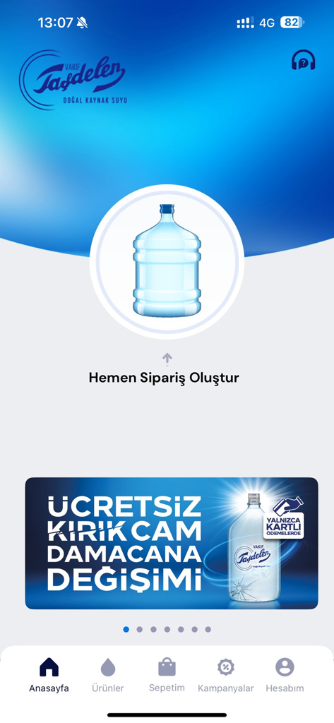 Vakıf Taşdelen Su - Abone Ol - Schermata home dell'app mobile Vakif Tasdelen Su con icona della tanica d'acqua e pulsante di ordine rapido