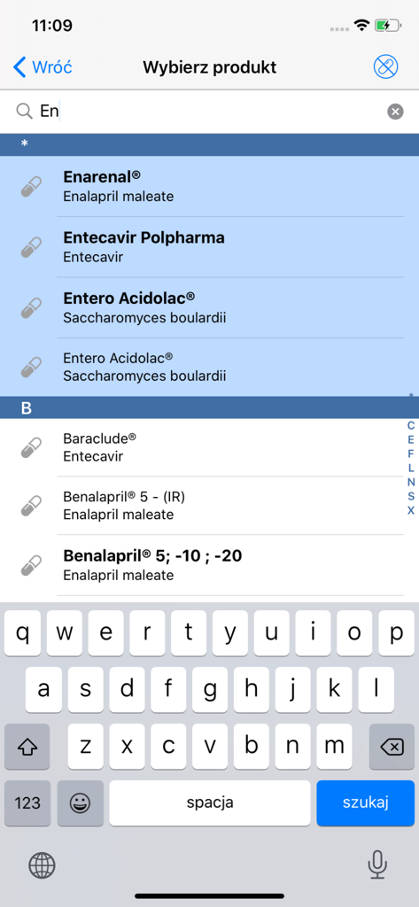 A mobile screenshot showing the search screen of the DrWidget Interakcje app with a list of medications like Enarenal and Entecavir