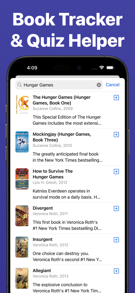 AI Book Summaries - BookPal - A search screen in the BookPal app showing search results for books like The Hunger Games and Divergent to help with tracking and quizzes.