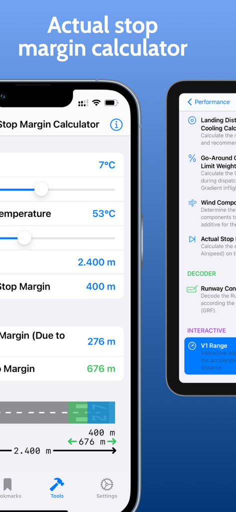 B737 Performance Handbook app interface showing the actual stop margin calculator and tool list for pilots.