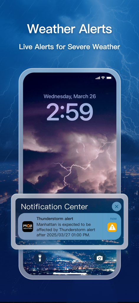 Pantalla de bloqueo de un smartphone que muestra una alerta de tiempo severo de MojiWeather por una tormenta.