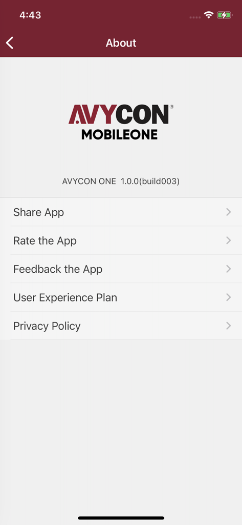 AVYCON ONE - AVYCON ONEモバイルアプリの「情報」画面。バージョン情報、プライバシーポリシー、フィードバックなどのメニューオプションが表示されます。