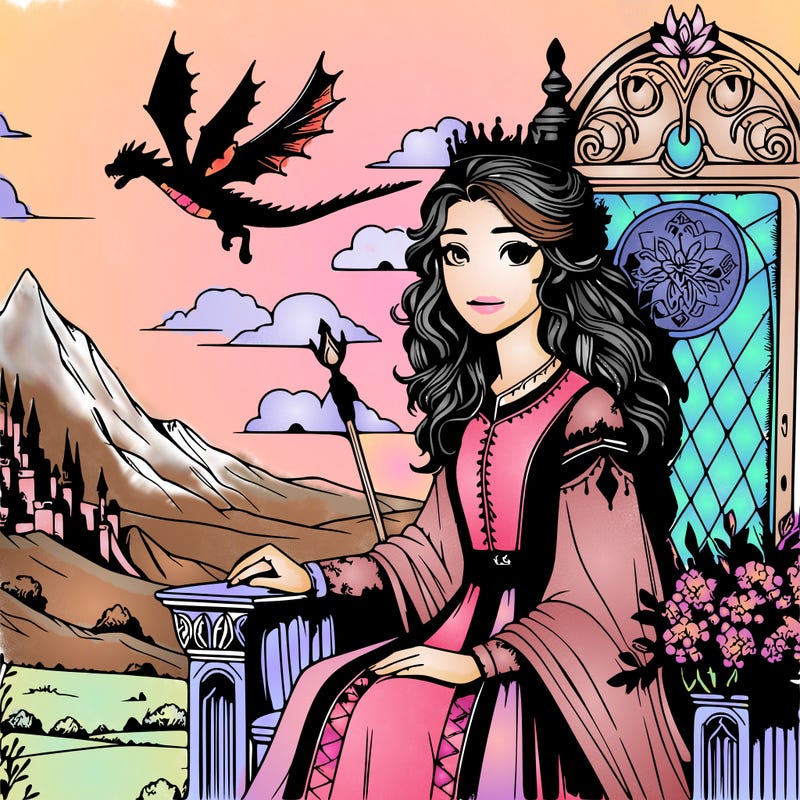 realistic full body hot queen sitting on a throne with pretty hair and a dragon flying in the sky behind her