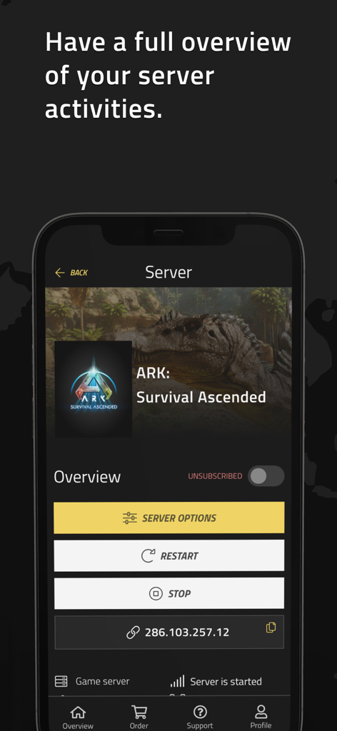 Panel de la aplicación móvil Nitrado que muestra opciones de servidor para ARK Survival Ascended con botones de reinicio y parada