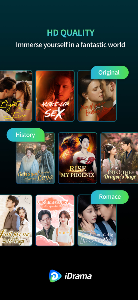 iDrama app interface showcasing various short-form drama titles and genres like romance and history in HD quality