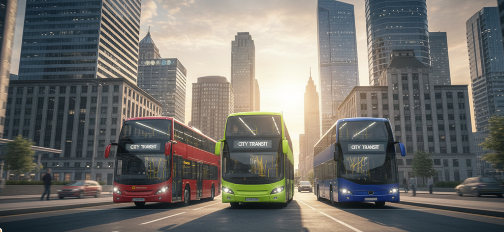 Ultimate Bus Simulatorr - Three colorful double decker city transit buses on a city street at sunset