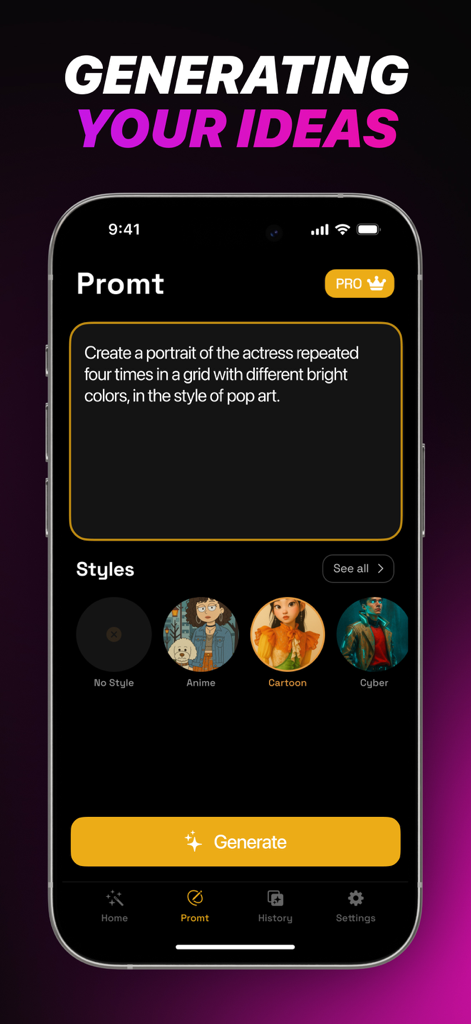 PixVerse AI - Video Generator - PixVerse AI App-Oberfläche zur Eingabe von Text-Prompts und Auswahl künstlerischer Stile