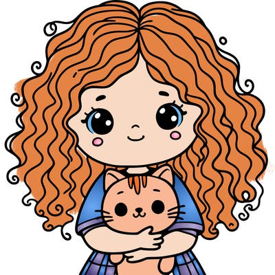 a girl with curly hair hugging a cat
