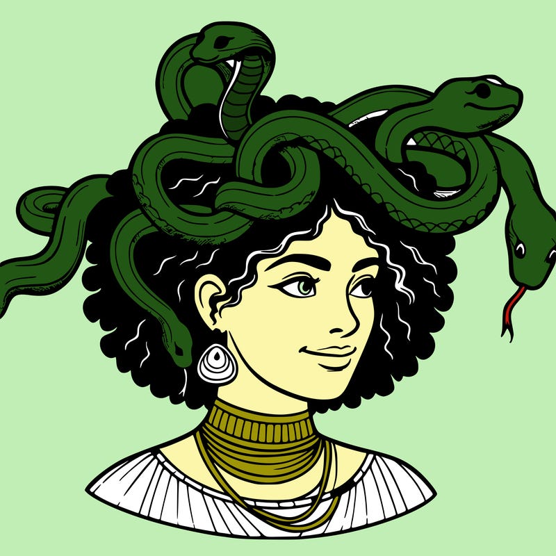 realistic woman snakes on head