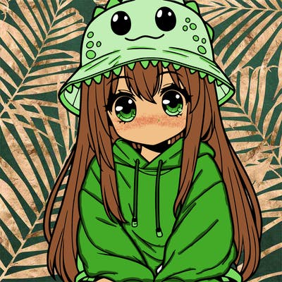 girl with anime shaped eyes with a dinosaur bucket hat oversized sweatshirt long straight hair