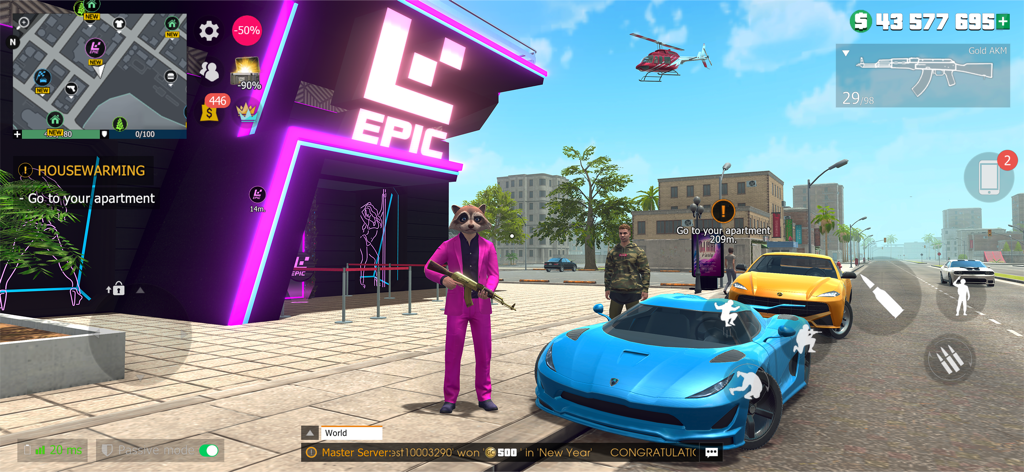 Grand Criminal Online: Heists - Un personaje con un traje rosa y una máscara de mapache junto a un coche de lujo azul en una ciudad