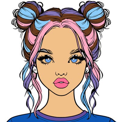 realistic girl with two buns in hair and lips