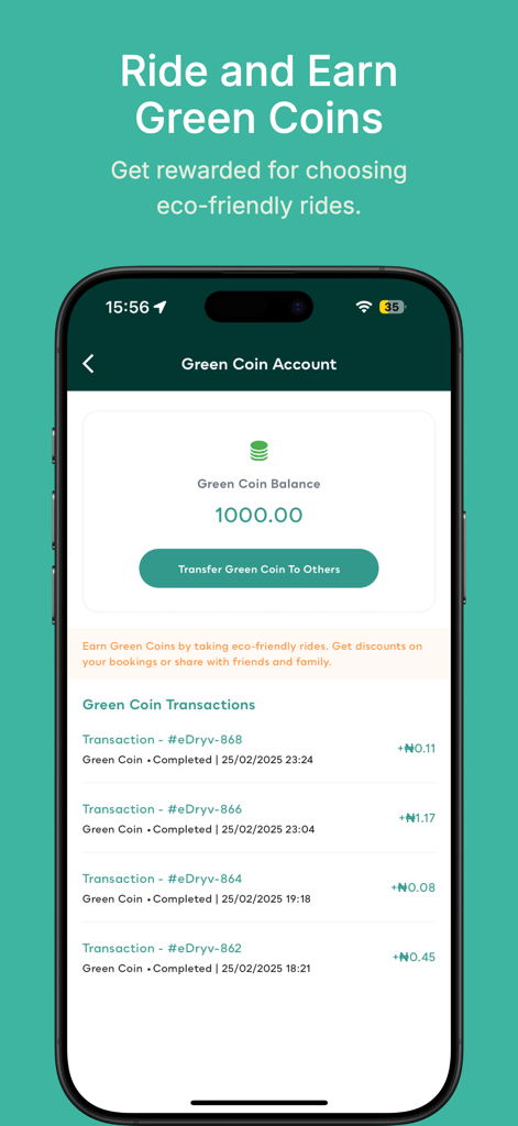 A screenshot of the eDryv mobile app showing the Green Coin account balance and transaction history for eco-friendly ride rewards.