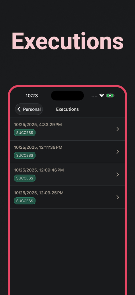 Mobile screen showing a list of successful n8n workflow executions with timestamps.