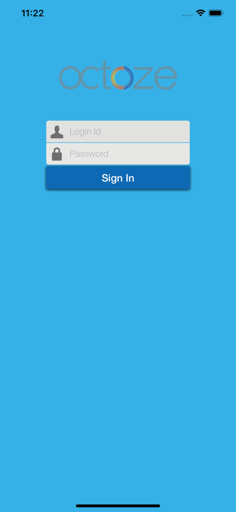 Camu Staff App login screen with fields for Login ID and Password under the Octoze logo.