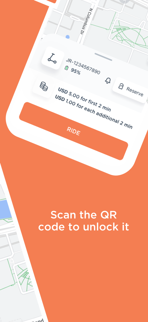 Ridy: Ride Around Town - Ridy mobile app interface showing scooter battery levels rental pricing and instructions to scan a QR code to unlock a ride
