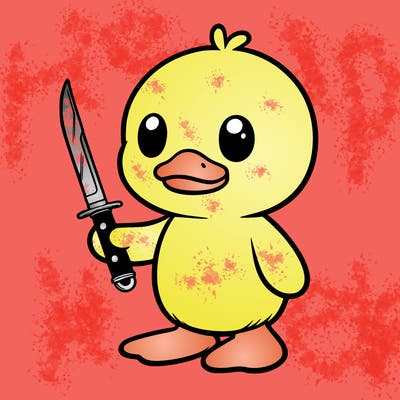 plushie duck standing up holding kinfe