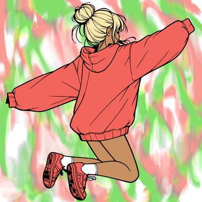realistic girl jumping with a bun and oversized sweatshirt