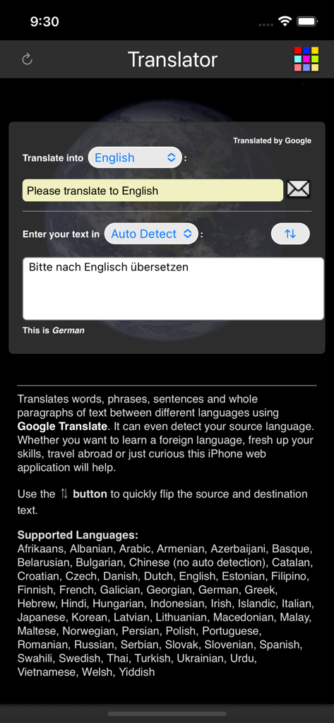 Language Translator app screen showing German to English text translation