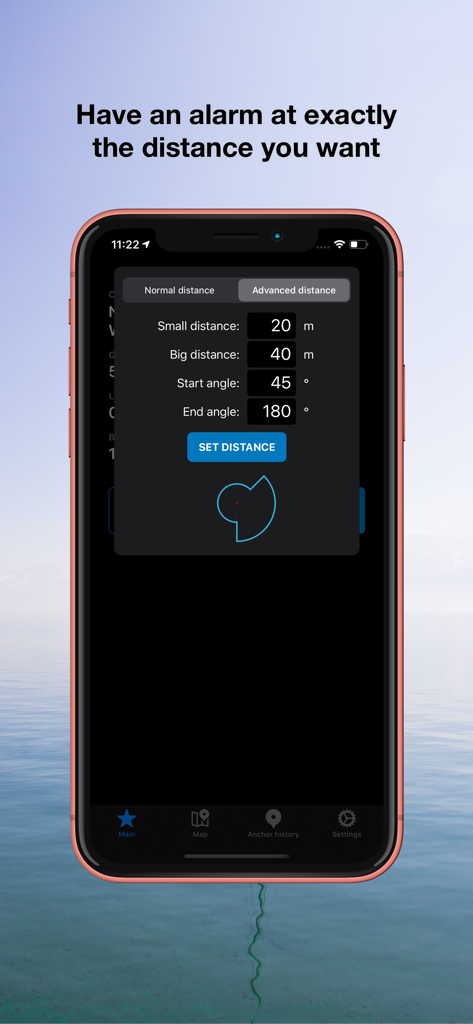 Anchor Pro - Interface de l'application Anchor Pro montrant les paramètres avancés de distance et d'angle pour une alarme d'ancre de bateau