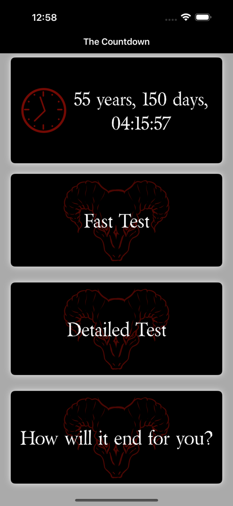 The Countdown - Your Fate - Main menu of the Countdown app showing a countdown timer and different test options for fate prediction.