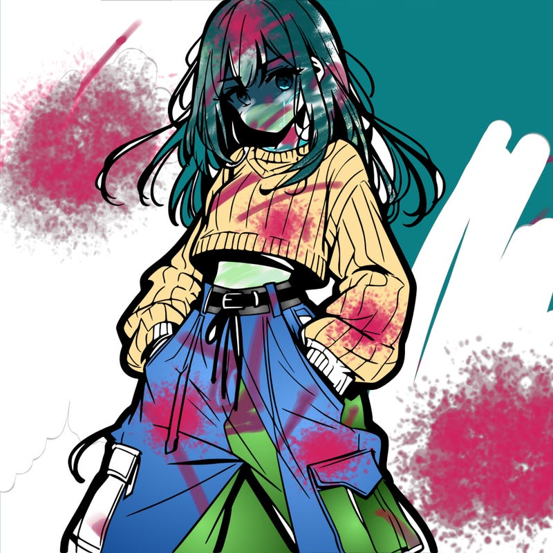 anime teen girl with baggy pants and crop top with sweater