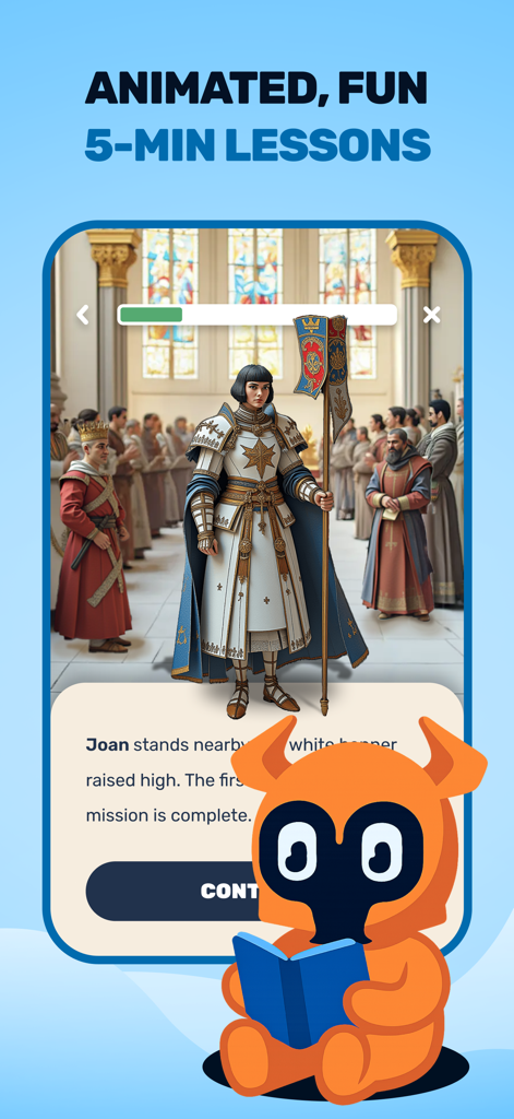 Paladin: Learn History - A screen from the Paladin app showing an animated five minute history lesson about Joan of Arc