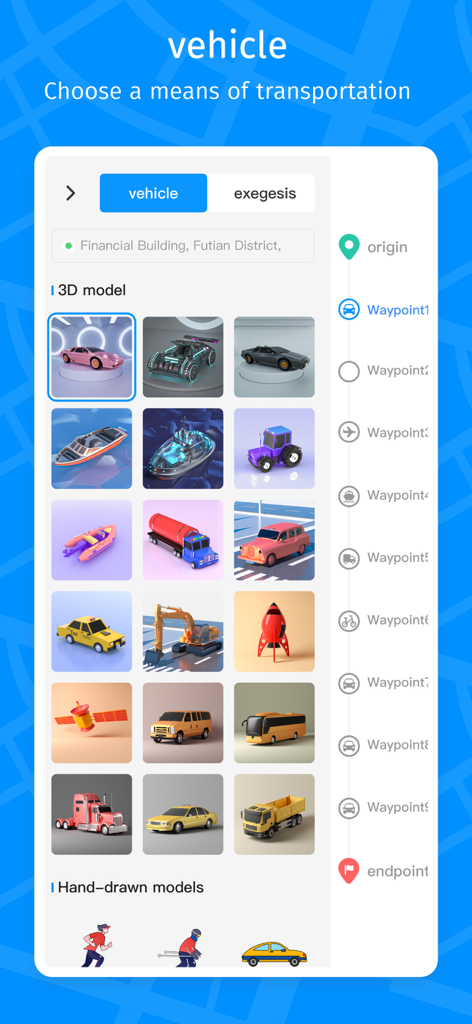 Travel Map:Journeys Route Plan - Pantalla de selección para elegir iconos de vehículos 3D y métodos de transporte para un mapa de ruta de viaje animado.
