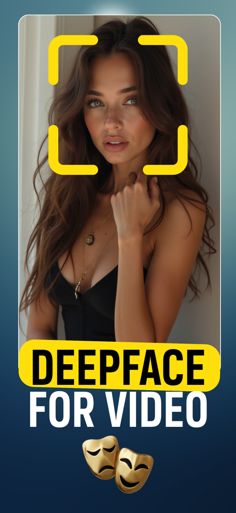 Face Swap - DeepFace AI - Imagen promocional de la aplicación Face Swap DeepFace AI con una mujer y texto de intercambio de caras en video.