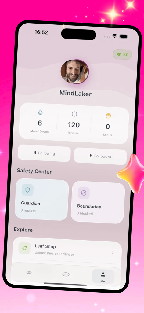 Minla - Minla app profile interface showing user stats like Mood Drops and Ripples with safety center options