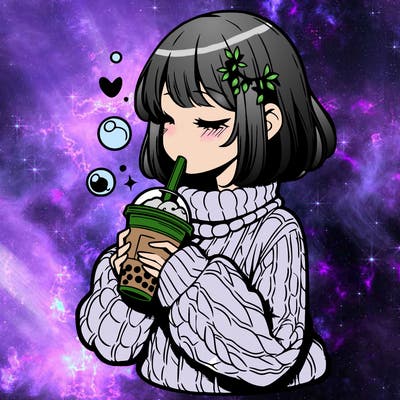 manga girl drinking boba in cozy sweater