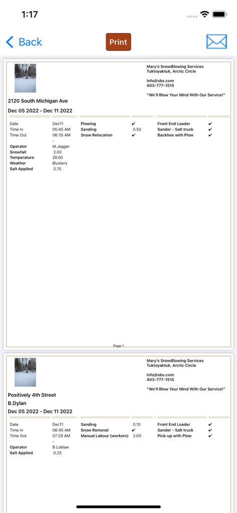 mpengo Snow - A professional digital snow removal service report showing service logs and site photos for liability protection.