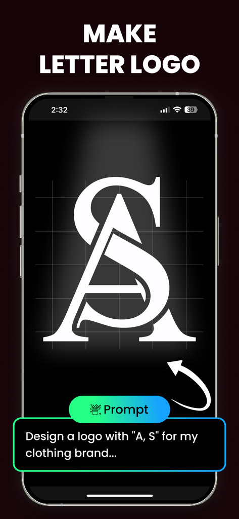 AI Logo Maker • Logo Generator - AIロゴメーカーのインターフェース。テキストプロンプトを使用してアパレルブランド用に生成された、インターロックするASレターロゴを表示しています。