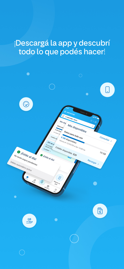 Mi Personal - Écran de smartphone affichant les fonctionnalités de l'application Mi Personal, notamment les notifications de solde de données et d'état de paiement.