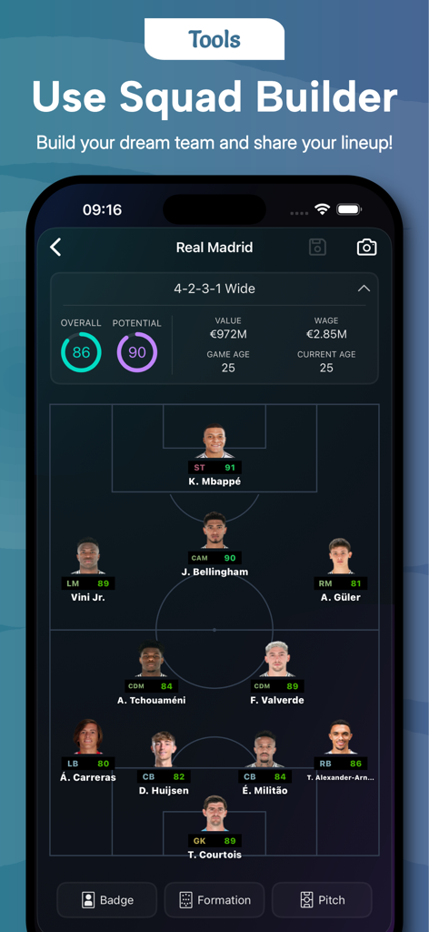 Potentials: FC26 Career Mode - Screenshot of the Squad Builder tool in the Potentials app showing a Real Madrid soccer lineup