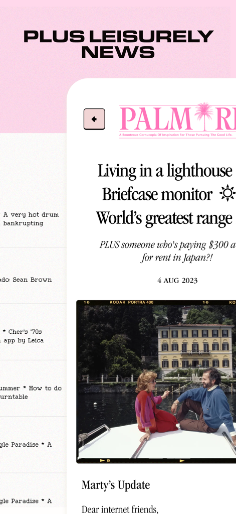 Poolsuite FM - Interface of the Poolsuite FM app displaying the Leisurely News feed with a retro aesthetic and a vintage photograph
