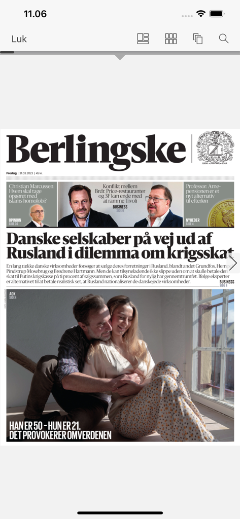 Berlingske e-avis - Digital front page of Berlingske newspaper on mobile app showing headlines and layout