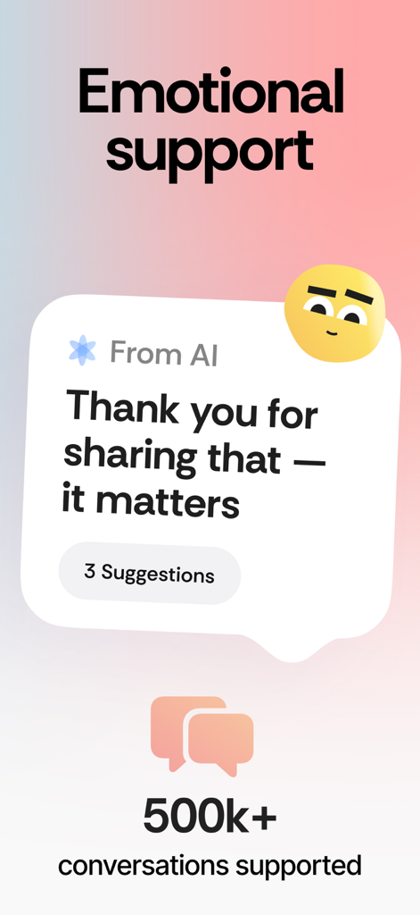 Honestly: Wellbeing Coaching - A promotional screen for the Honestly app showing an AI emotional support message and a statistic of over 500 thousand conversations supported
