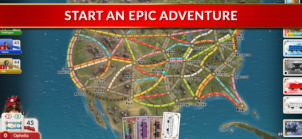 Digital Ticket to Ride board game showing a map of the United States with colorful train routes and player avatars