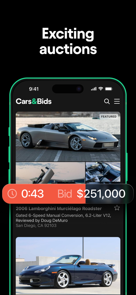 Cars and Bids app interface showing a 2006 Lamborghini Murcielago Roadster auction listing