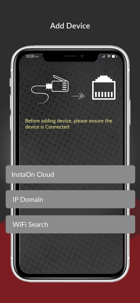 cMOB-20 - Interface of the cMOB-20 surveillance app showing the Add Device screen with setup options for InstaOn Cloud, IP Domain, and WiFi Search