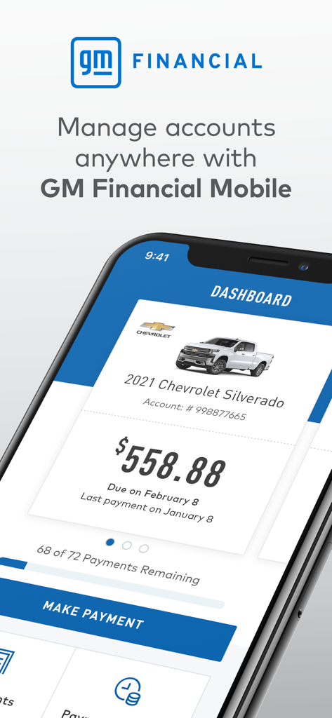 GM Financial - Panel de la aplicación GM Financial que muestra una cuenta de Chevrolet Silverado con detalles de pago mensual y un botón para realizar el pago