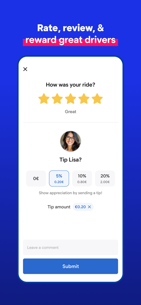 eCabs: Request a Ride - Mobile screen showing options to rate a driver with stars and provide a tip in the eCabs app
