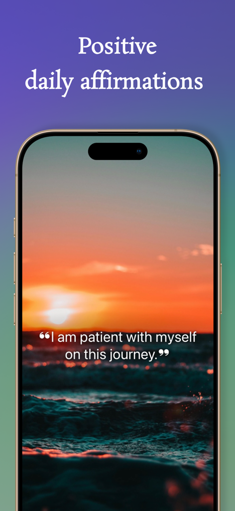 iPhone画面、夕日の背景にポジティブな毎日のアファメーション引用を表示