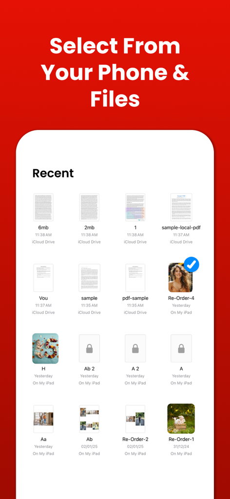 Lock Pdf & Unlock PDF Offline - Interfaccia utente per selezionare documenti PDF e immagini dall'archiviazione locale o da iCloud per bloccare o sbloccare.