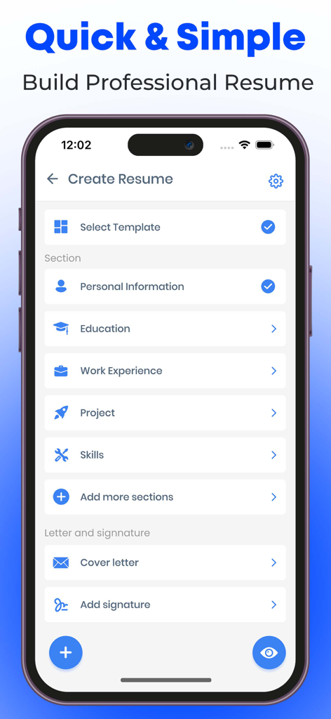 Interface de l'application Modèles de CV Pro - Créateur de CV montrant le processus de création de CV avec des sections pour les informations personnelles, l'éducation et l'expérience professionnelle.