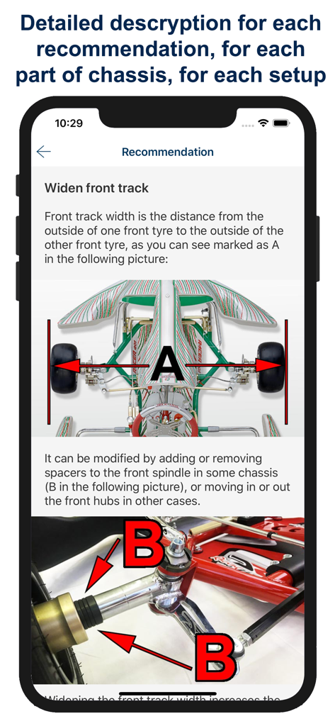 Mobile screen showing a detailed recommendation for widening the front track of a racing kart with explanatory diagrams